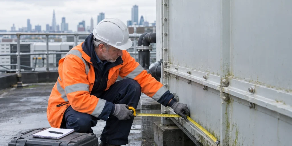 Engineer measuring a rooftop GRP tank to assess water tank relining cost